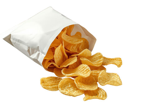 Potato chips spilling from white bag, crispy salty snack food, unhealthy eating, party appetizer, transparent background