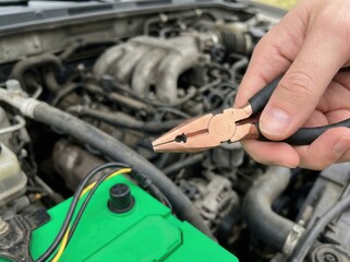 Mechanic Using Pliers to Repair Car Battery Connection in Open Engine Bay