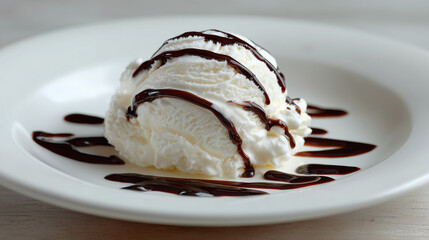 白い皿に盛り付けたバニラアイスクリームに濃厚なチョコレートソースをかけたデザート