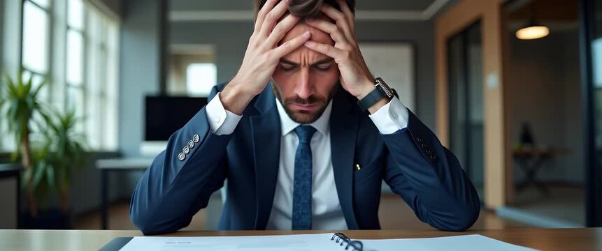 Stressed businessman in a suit reads documents at a modern office table as the camera slowly pans, capturing ambient light flickering and plants swaying gently in a cinematic style.