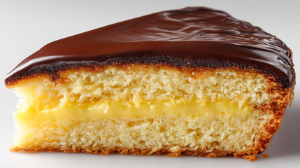 艶やかなチョコレートをコーティングしカスタードクリームをサンドしたスポンジケーキのカット