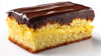 とろけるカスタードクリームをふんわりスポンジで挟んだ艶やかなチョコがけケーキ