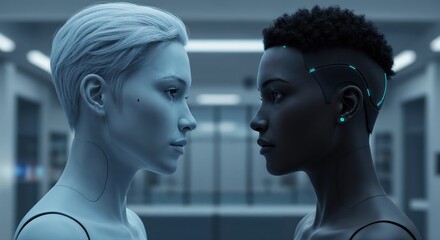 Fototapeta premium Unity in contrast: A close-up view of two women of different ethnicities facing each other in the interior space, representing connection and mutual respect.