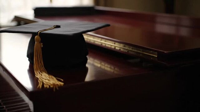 A graduation cap rests on a dark wooden desk beside a closed book, symbolizing academic achievement and study indoors from a low angle view