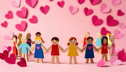 Fototapeta premium Love and Unity: A heartwarming scene depicts a diverse group of wooden figures, united by clasped hands and surrounded by floating heart shapes, symbolizing love, community, and interconnectedness.