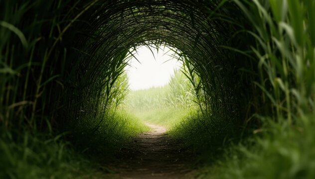 Tunnel of Green: A mystical tunnel of lush green vegetation guides the eye toward a bright, sunlit opening, inviting exploration and wonder.