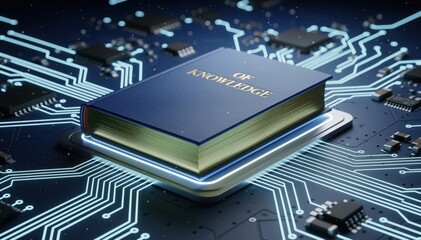 Digital Knowledge: A symbolic representation of knowledge, in the form of a book, resting on a complex circuit board, symbolizing the convergence of information and technology. 