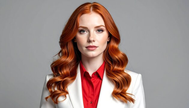 Portrait of a woman with vibrant red hair, wearing a white blazer, red blouse, and neutral backdrop
