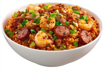 Fototapeta premium Vibrant Jambalaya Bowl - Shrimp, Sausage, Rice, and Green Onions.
