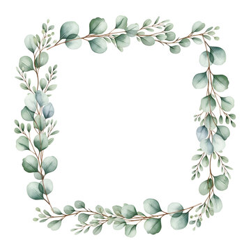 Watercolor eucalyptus leaf square frame, botanical foliage border on a white background with central copy space, for wedding invitations, greeting cards, stationery, and elegant floral backgrounds.