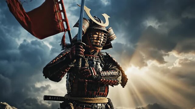 Epic Samurai Warrior in Armor with Sword and Flag.