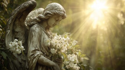 Naklejka premium Weathered stone angel statue holding white flowers is bathed in strong golden sunlight through foliage, concept for memorial services, spiritual guidance and divine religious artwork