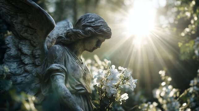 Weathered angel statue holding white flowers stands in a serene garden environment illuminated by intense divine sunlight, concept for remembrance, spiritual guidance and hope