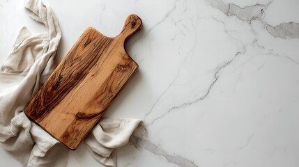 Elegant wooden serving board and beige wrinkled linen on luxurious white marble countertop, concept for food styling, menu design and product photography