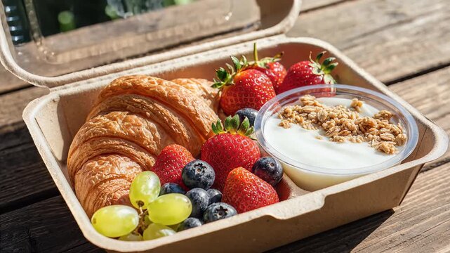 Breakfast box with fresh fruit and pastry on wooden surface