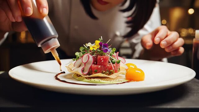 Chef plating gourmet dish with vibrant colors and delicate presentation