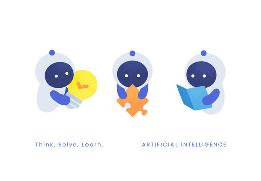 Think・Solve・Learn。AIの思考・解決・学習プロセス。電球とパズルと本を持つ3ポーズ