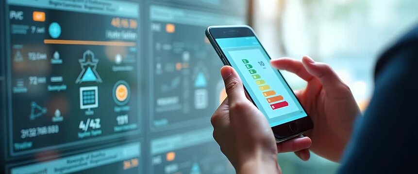 Hands interacting with a smartphone displaying analytics, as digital dashboard lights subtly flicker in the background; camera gently pans for a cinematic, tech-focused ambiance.
