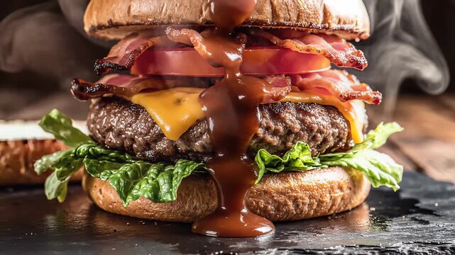Close up of a burger with dripping sauce and fresh ingredients