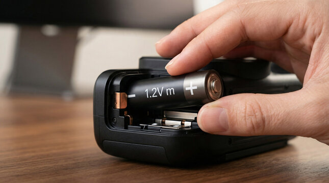 Main ins&eacute;rant une batterie dans un appareil &eacute;lectronique portable