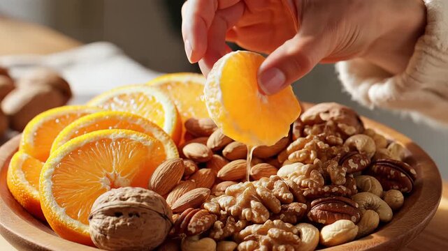 Close up of assorted nuts and sliced citrus fruit in a wooden bowl