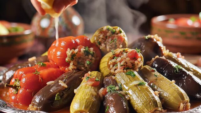 Close up of assorted stuffed vegetables in a warm toned arrangement