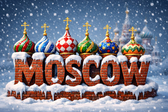 Colorful Onion Dome and Red Brick 3D Typography Moscow in Snow