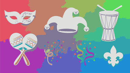 Colorful flat lay of Mardi Gras themed icons including masks, musical instruments, and confetti on a vibrant multicolored background. © Anton