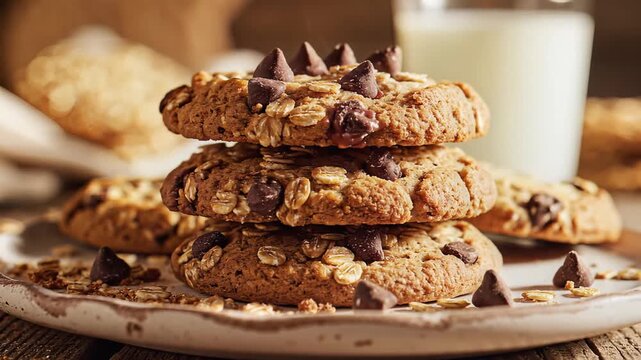 Close up of freshly baked cookies stacked on a plate with milk glass