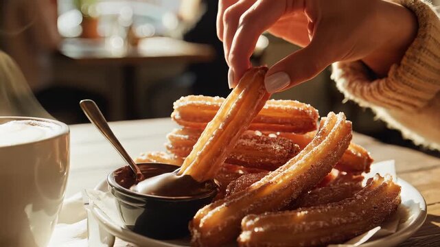Close up of freshly made churros with coffee on a table