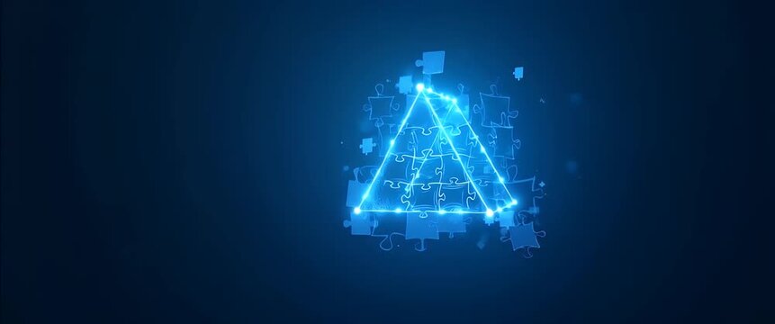 Glowing triangular puzzle pieces assemble in a mesmerizing digital animation, as the camera gently pans across a futuristic blue background, evoking innovation and creativity.