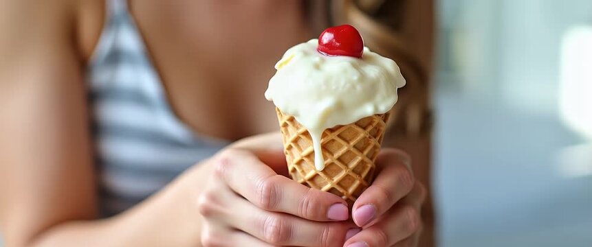 Close-up of a woman gently holding a melting ice cream cone topped with a cherry, as the camera slowly pans in a soft-focus, sunlit room; realistic, serene, summer ambiance.