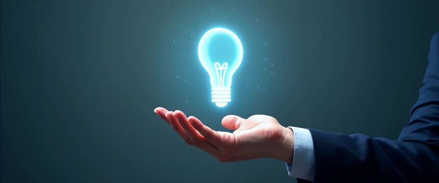 A glowing lightbulb levitates above an outstretched hand, gently rotating as the camera slowly pans across a minimalist dark background, creating a cinematic scene of innovation and creativity.