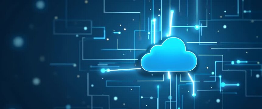 Futuristic cloud computing network concept with glowing digital circuits; cinematic slow pan highlights dynamic data flow and innovation in technology infrastructure.