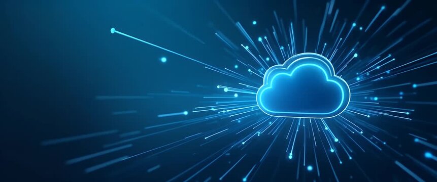 Glowing cloud icon with digital data rays expands outward as camera slowly pans across a futuristic, cinematic blue cyberspace background, highlighting technology and innovation themes.