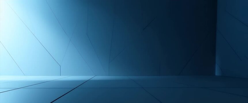 Minimalist blue room with a soft glow, light subtly shifting, camera slowly panning across sleek geometric walls, creating a calming ambient scene; cinematic and modern design.