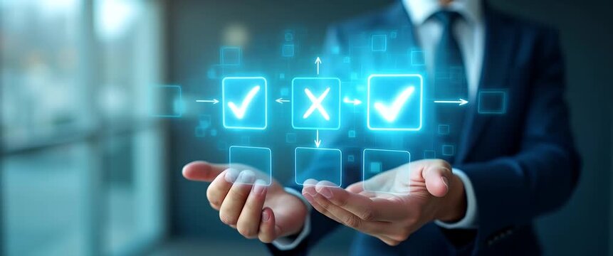 Business professional interacts with dynamic digital interface, showcasing futuristic technology in a cinematic style; camera slowly pans across sleek, modern office environment.