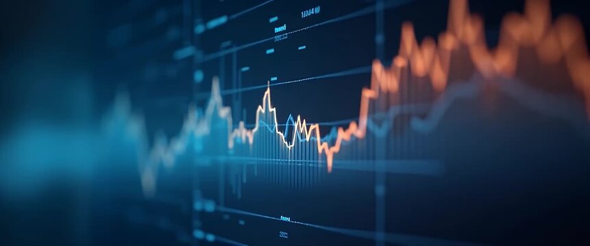 Dynamic financial graph trends fluctuate on a digital interface; the camera executes a slow, steady pan, enhancing the cinematic depth and illuminating the evolving data landscape.