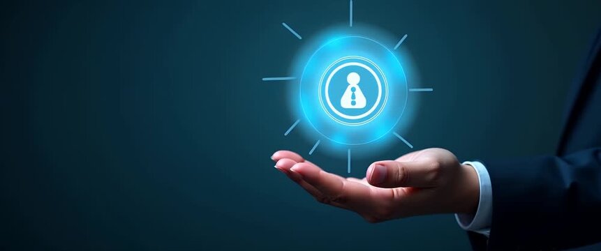 Businessman holds digital security icon, glowing in mid-air, as camera gently pans; ambient light flickers; a cinematic view of innovative technology and cybersecurity concepts.