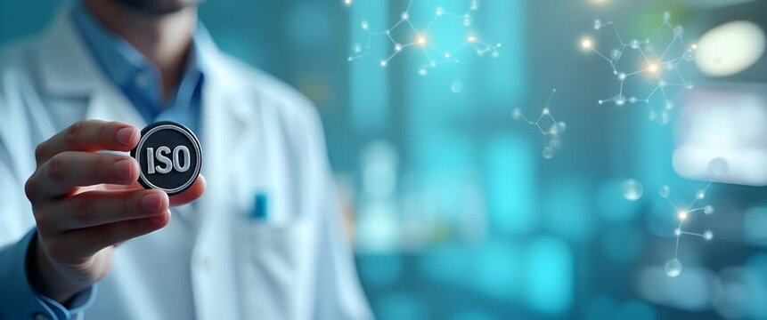 Scientist holds ISO certification badge, molecules subtly animate, camera gently pans across lab, showcasing innovation and quality standards in a cinematic, professional style.