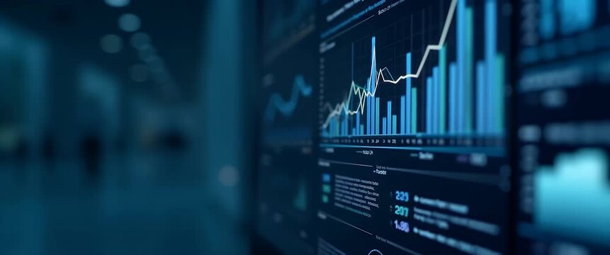 In a cinematic scene, a financial analyst types swiftly with focus as the camera pans across dynamic, glowing stock market graphs, illustrating real-time data trends and analytics.