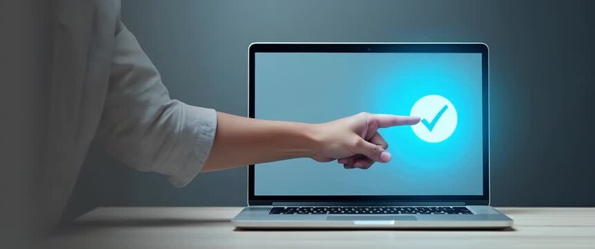 A hand confidently taps a glowing checkmark on a laptop screen as the camera gently pans, with ambient light flickering in a sleek, cinematic style, emphasizing technology and digital success.