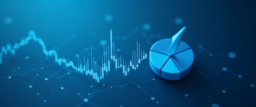Dynamic 3D pie chart spins slowly as a stock market graph fluctuates in the background; the camera gently pans across the scene, highlighting data trends in a sleek, cinematic style.