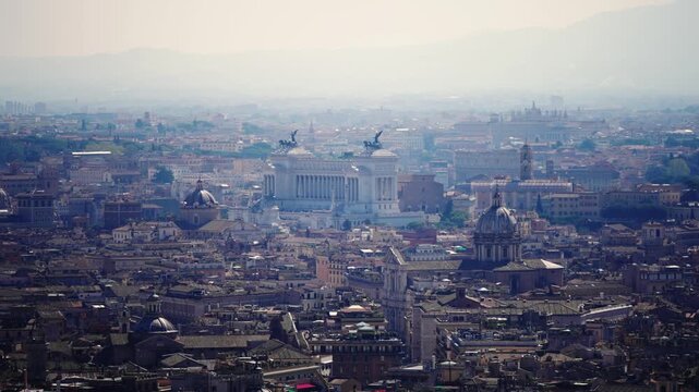 Establishing panoramic shot of Rome, Italy. Aerial shot of best landmarks in Rome, Italy, Altar of Fatherland, Colosseum, Roman Forum, church Sant'Agnese in Agone, Campidoglio