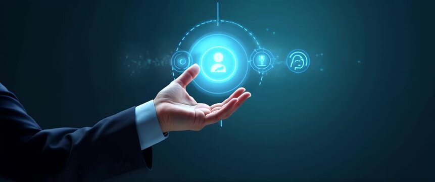 A hand reaches towards a glowing digital interface, icons subtly pulsing, with the camera slowly panning, creating a futuristic, cinematic scene ideal for technology and innovation themes.