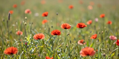 Fototapeta premium Field of vibrant red poppy flowers with soft focus, illuminated by warm sunlight in summer
