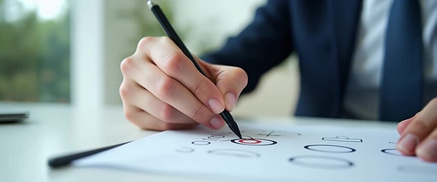 Close-up of a businessperson's hand writing on paper with strategic symbols, camera slowly panning across a modern office, soft ambient lighting creating a professional, cinematic atmosphere.