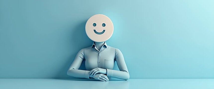 A person with a smiley face mask sits calmly at a table, as the camera slowly pans left in a minimalist, pastel-themed setting with gentle ambient lighting and soft shadows.
