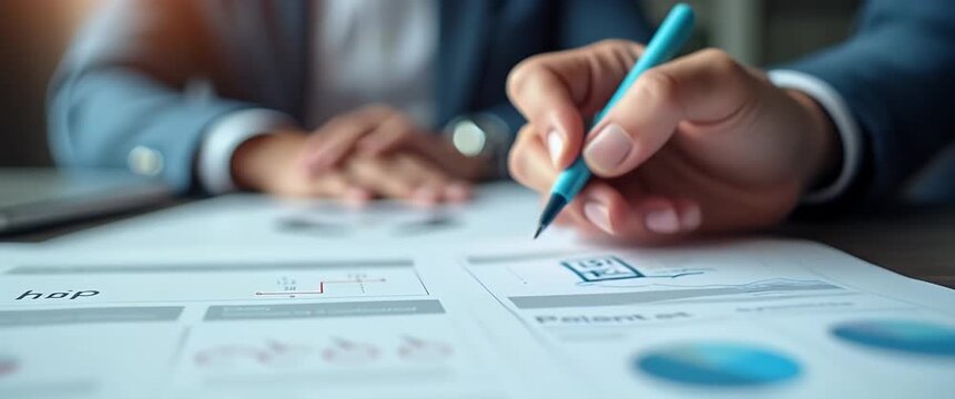 Close-up of a business meeting with a hand writing notes, documents on the table; camera gently pans over papers; ambient light flickers in a modern office setting, cinematic style.