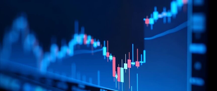 Dynamic stock market graph pulses with data as camera slowly pans, showcasing financial trends in a cinematic, blue-toned setting, ideal for investment and economics themes.